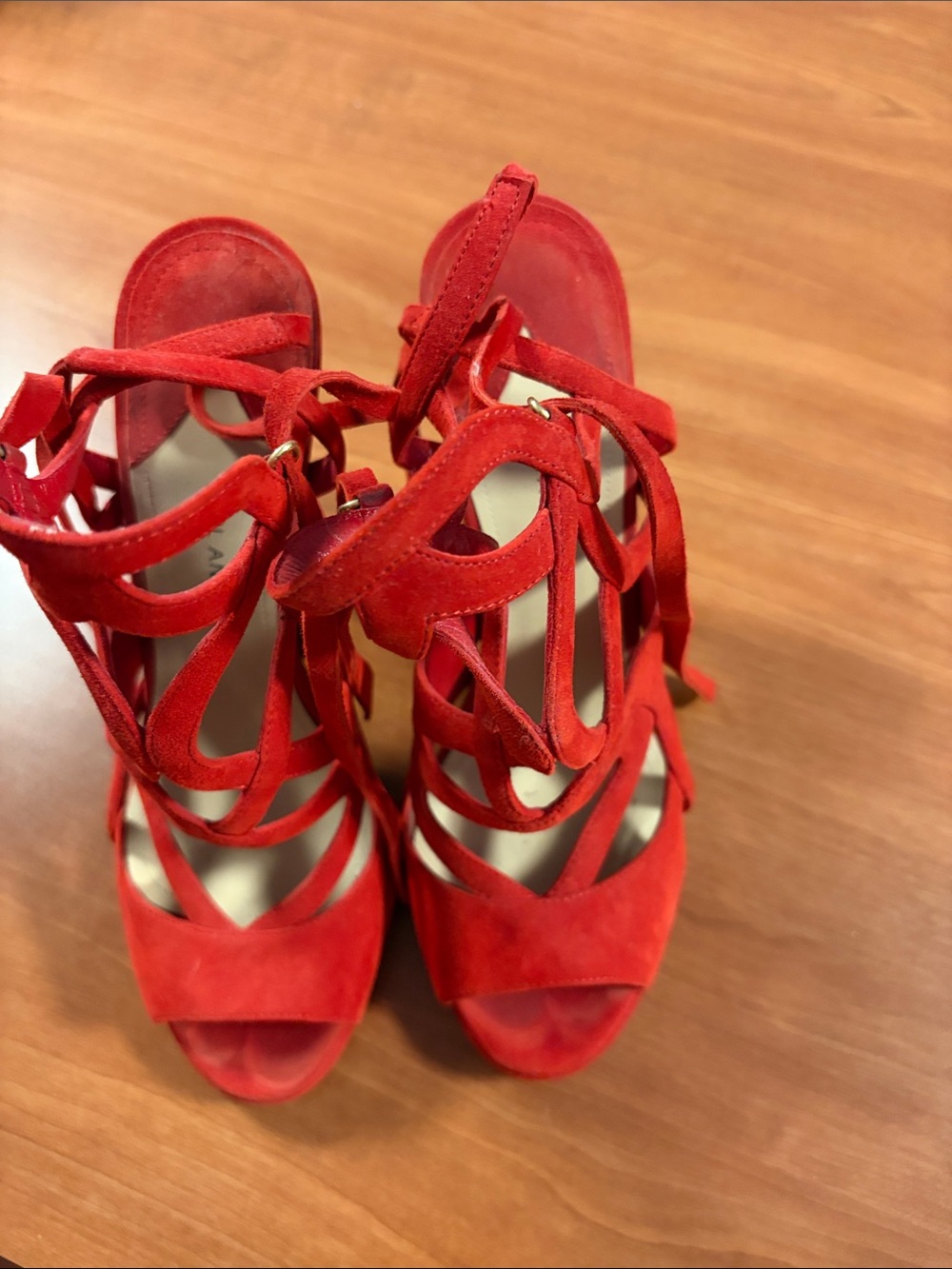 Paul Andrew Red Suede Strappy Lace-Up Heels